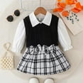 thumbnail image 3 of LYHaoo 2Pcs Clothing Set Girls Fall And Winter Outfit For Kids Featuring Long Sleeve Shirt Ribbed Sweater Bow Tie And Plaid Printed Skirt Sizes 2-3 Years(Black), 3 of 6