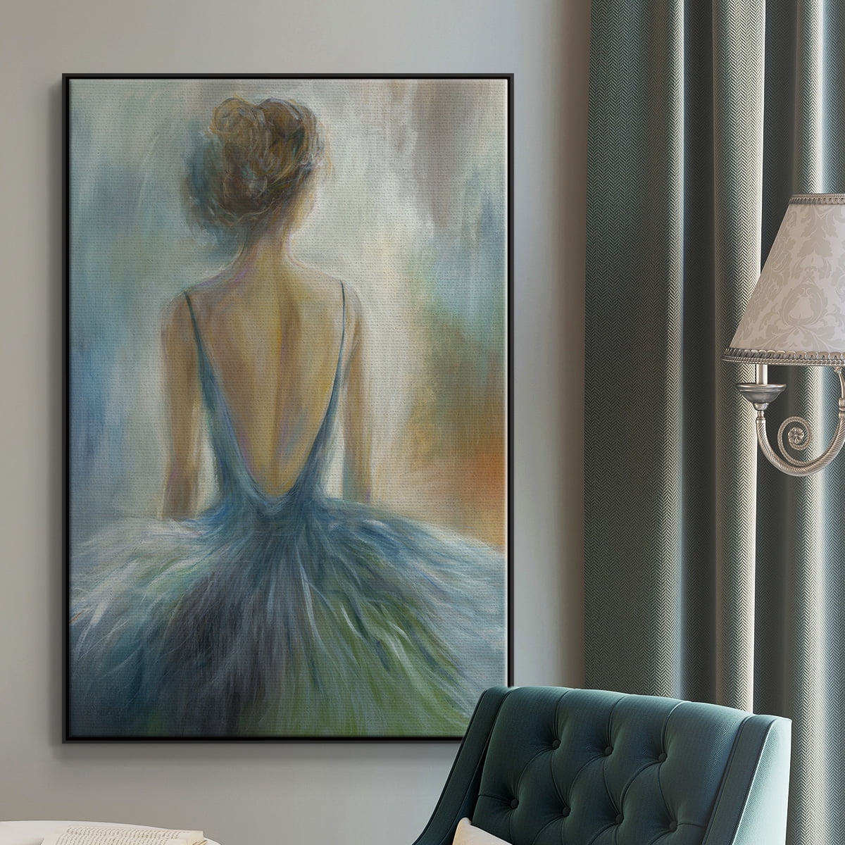 Lady in Blue Framed Premium Gallery Wrapped Canvas - Ready to Hang - 17 x 25 - Black Floating Frame