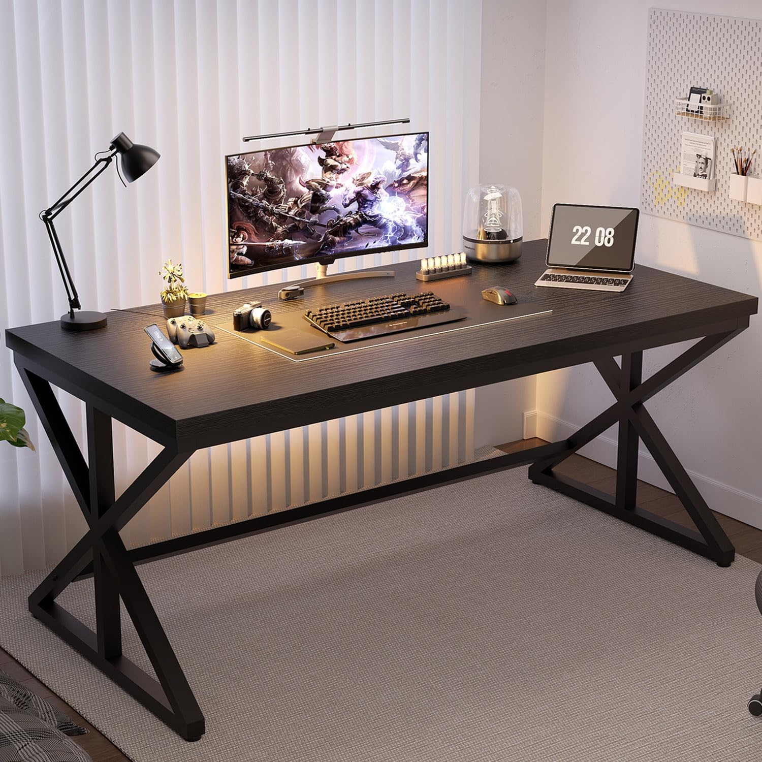 IBF Modern Black Computer Desk, Long Home Office Desk for Writing Study, Large Simple Wood Metal Work Desk in Bedroom, Big Pc Gaming Workstation Executive Computer Table, Black Oak, 60 Inch
