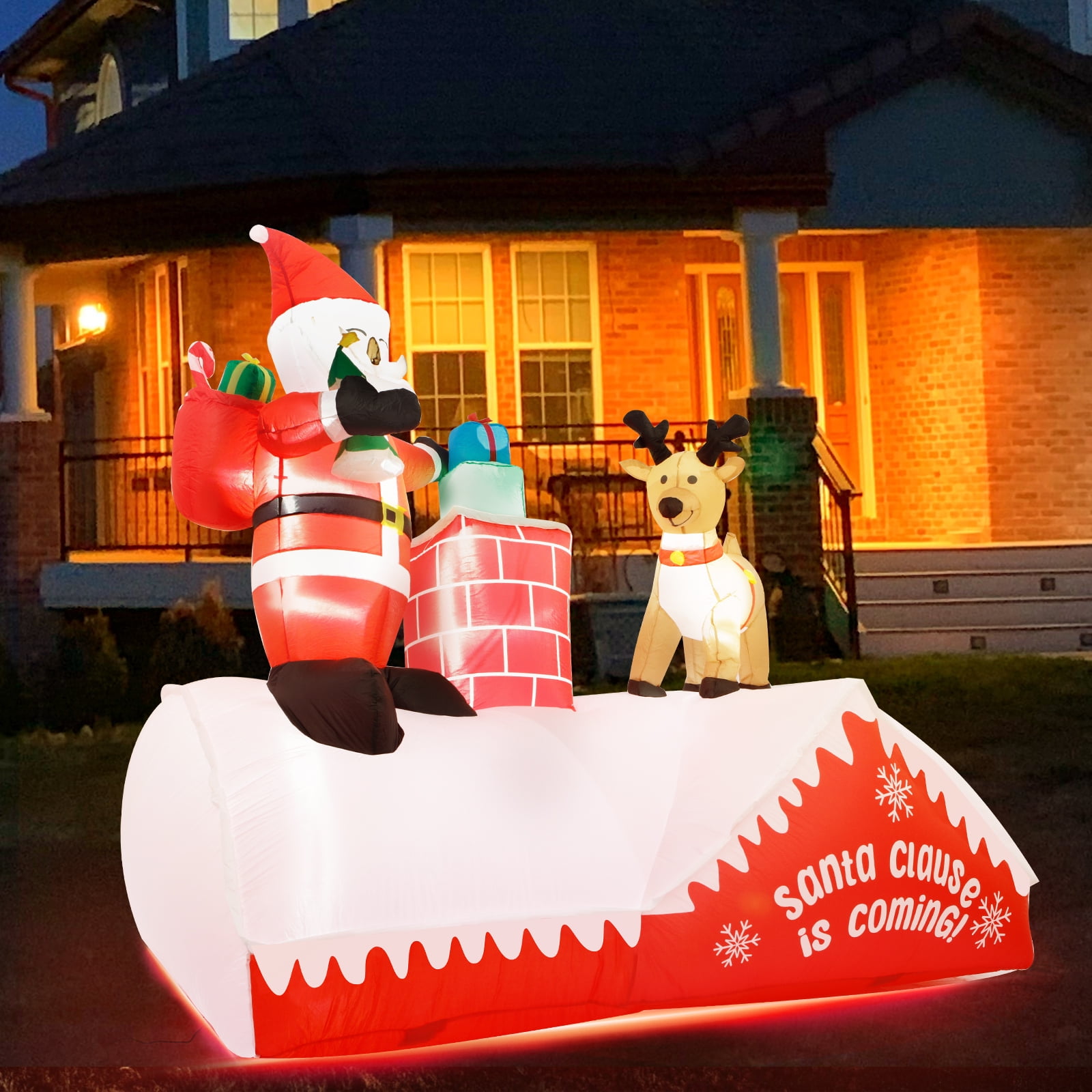 8 FT Tall Christmas Inflatable Santa & Reindeer on the Roof Holiday