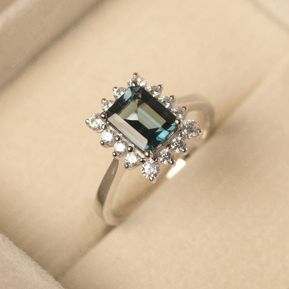 London blue topaz cocktail ring, emerald cut, white gold, halo ring, November birthstone, anniversary gifts