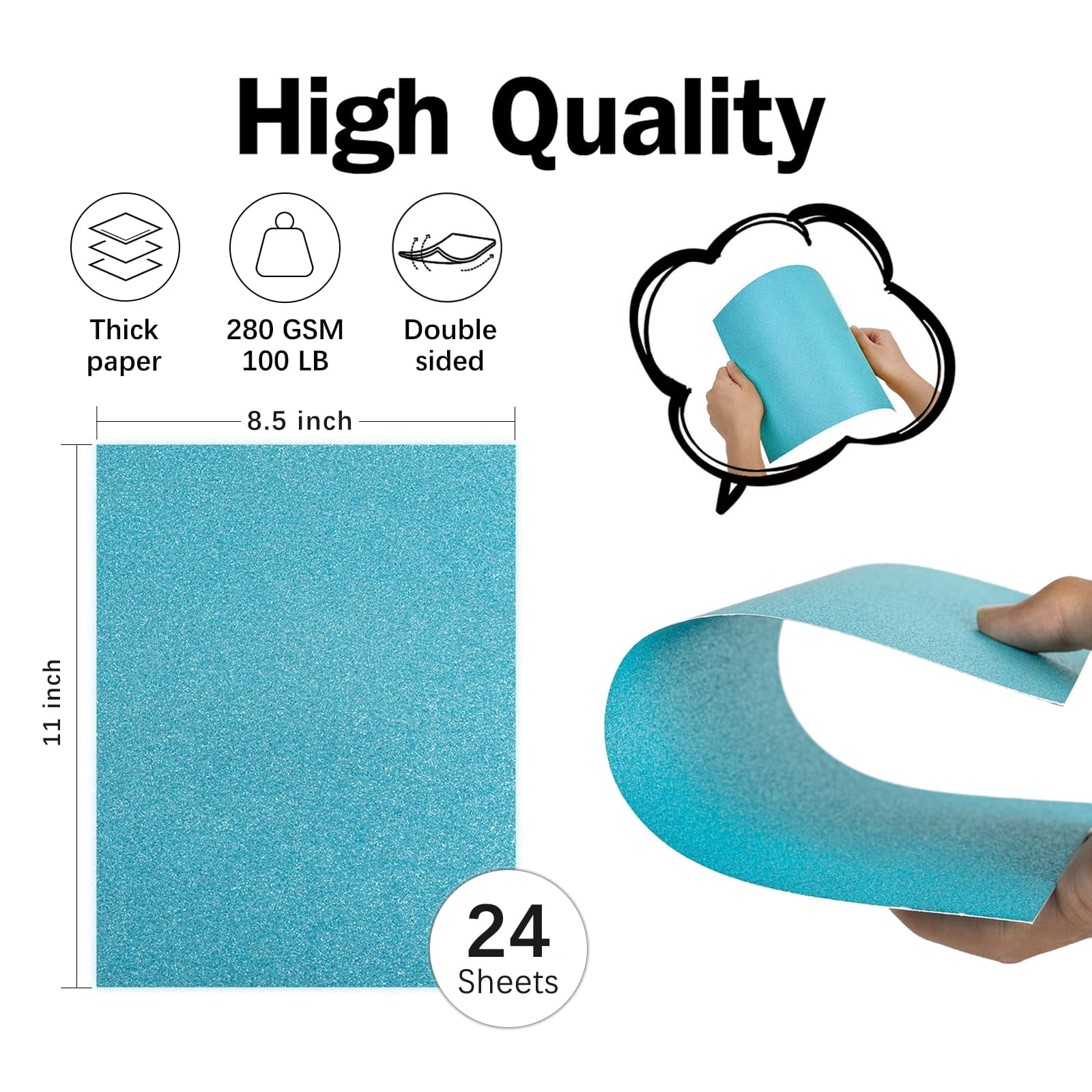 Blue Glitter Cardstock 8.5x11 Double-sided 24 Sheets  Light No-shed Paper 280gsm/100lb Heavy Card Stock For Gift Wrapping Birthday Anniversary Holiday Greeting Cards
