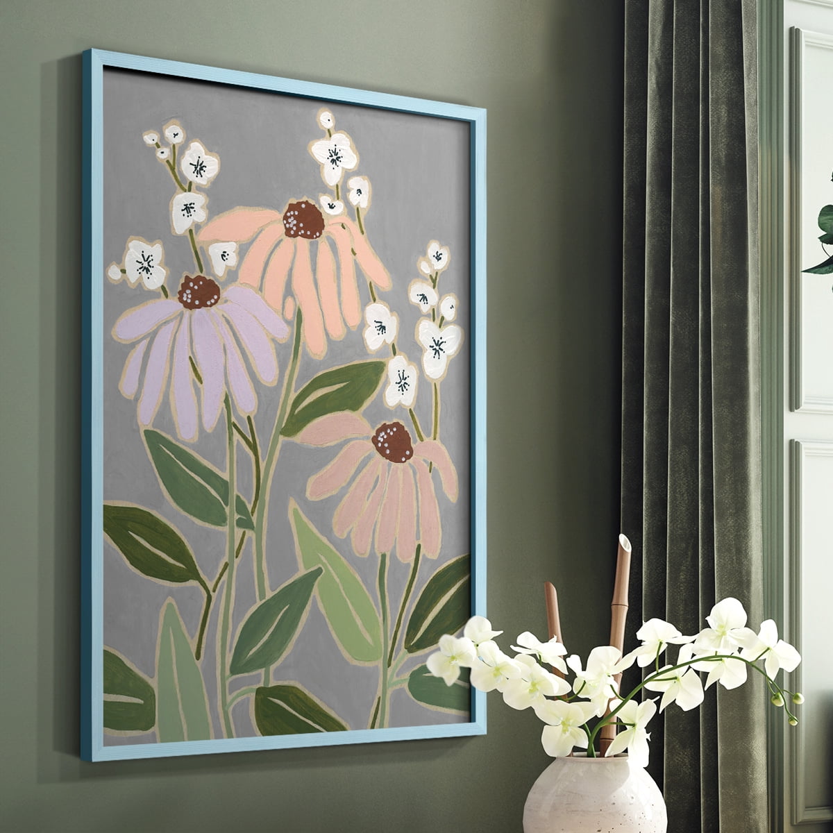 Woodblock Floral I Framed Print - Solid Wood in Single Picture Frame Solid Wood 2 Framed Print