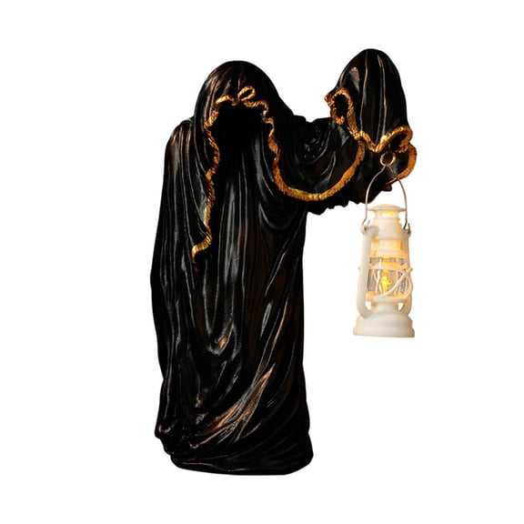 Cloaked Ghost Holding Lantern Figurine Lamp, Fun Horror Vibe Night Lights Room Decor, Halloween Spooky Led Lights Indoor & Outdoor Display, Perfect Gift for Halloween Decorations(Black)