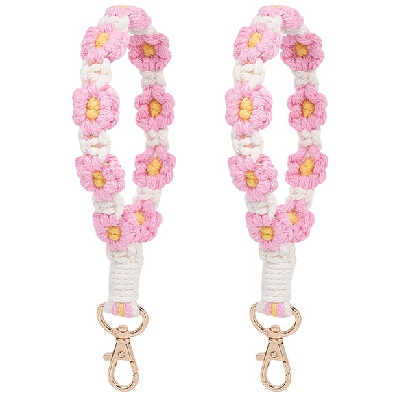 2Pcs Boho Macrame Keychain Wristlet Key Chain Daisy Pink White Tassel Bracelet Keyring Boho Handmade Flower Weave Wrist Lanyard with Alloy Clasp