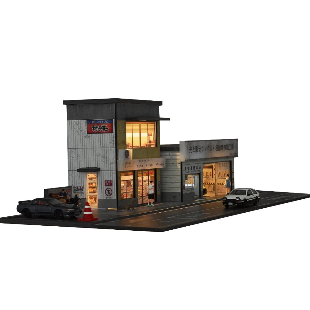 1/64 Scale Diorama Car Garage Model LED Lighting ,Diecast Car Display Case Kits,City Street Coffee Shop Maintenance Workshop Building Scene Display Model