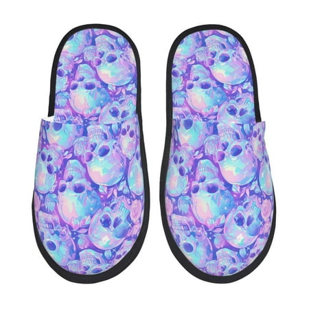 Balery Blue Skull Daisy Slient Indoor Furry Fleece Comfort House Shoes Soft Non-Slip Home Shoes Cotton slippers House Slippers-- Medium
