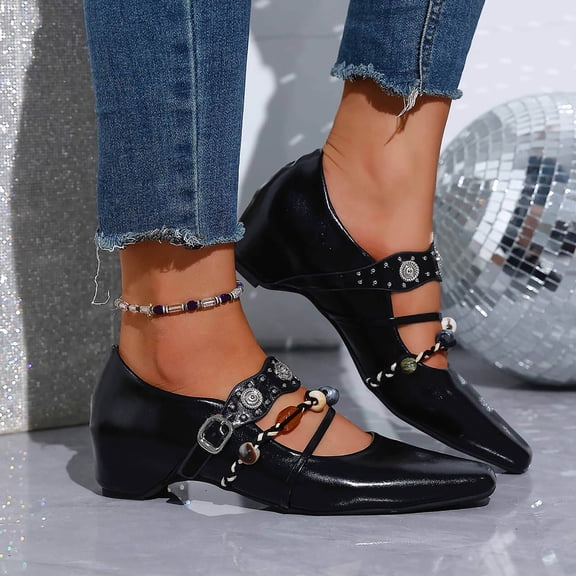 GERsome Women's Pumps Shoes Low Block Heels Closed Pointy Toe Ankle Strap Wedding Party Work Dress Shoes, Black Size 5.5