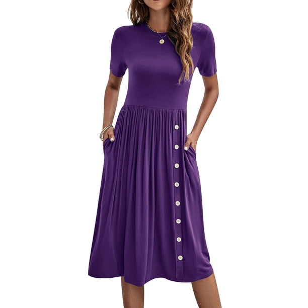 LYANER Women's Crewneck Button Side Mini Dress - Flowy Short Sleeve Dress With Pockets