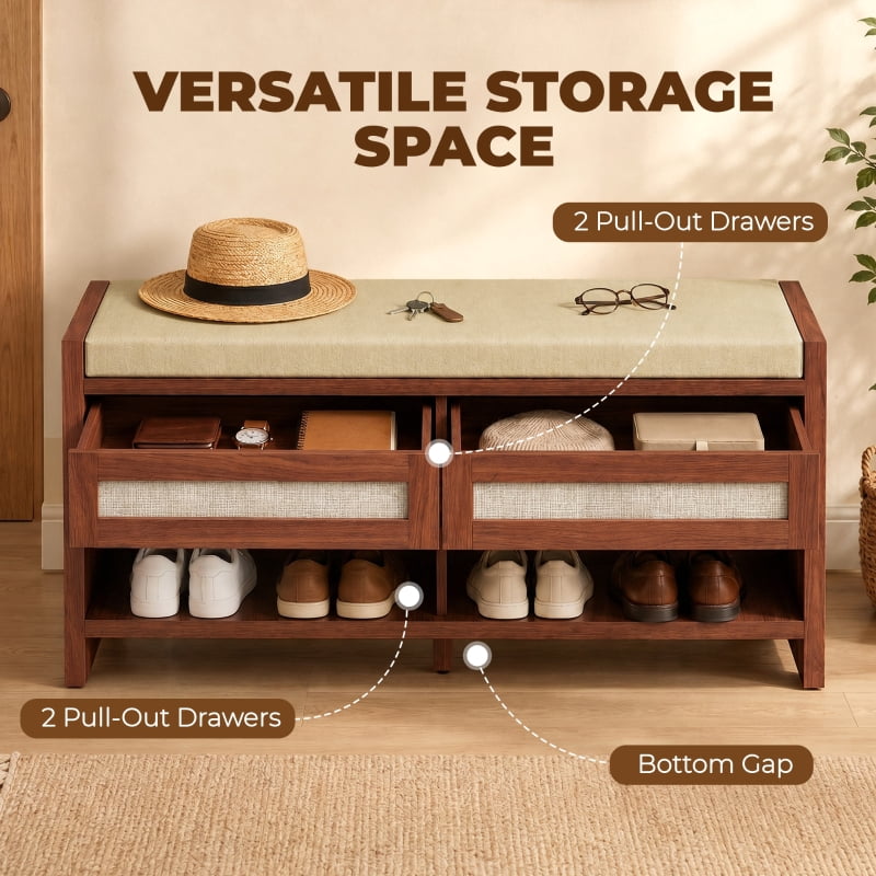 Alvantor Shoe Storage Bench with Rattan Drawers & Cushioned Seat for Entryway 42.5"x13.8"x19.7" Brown