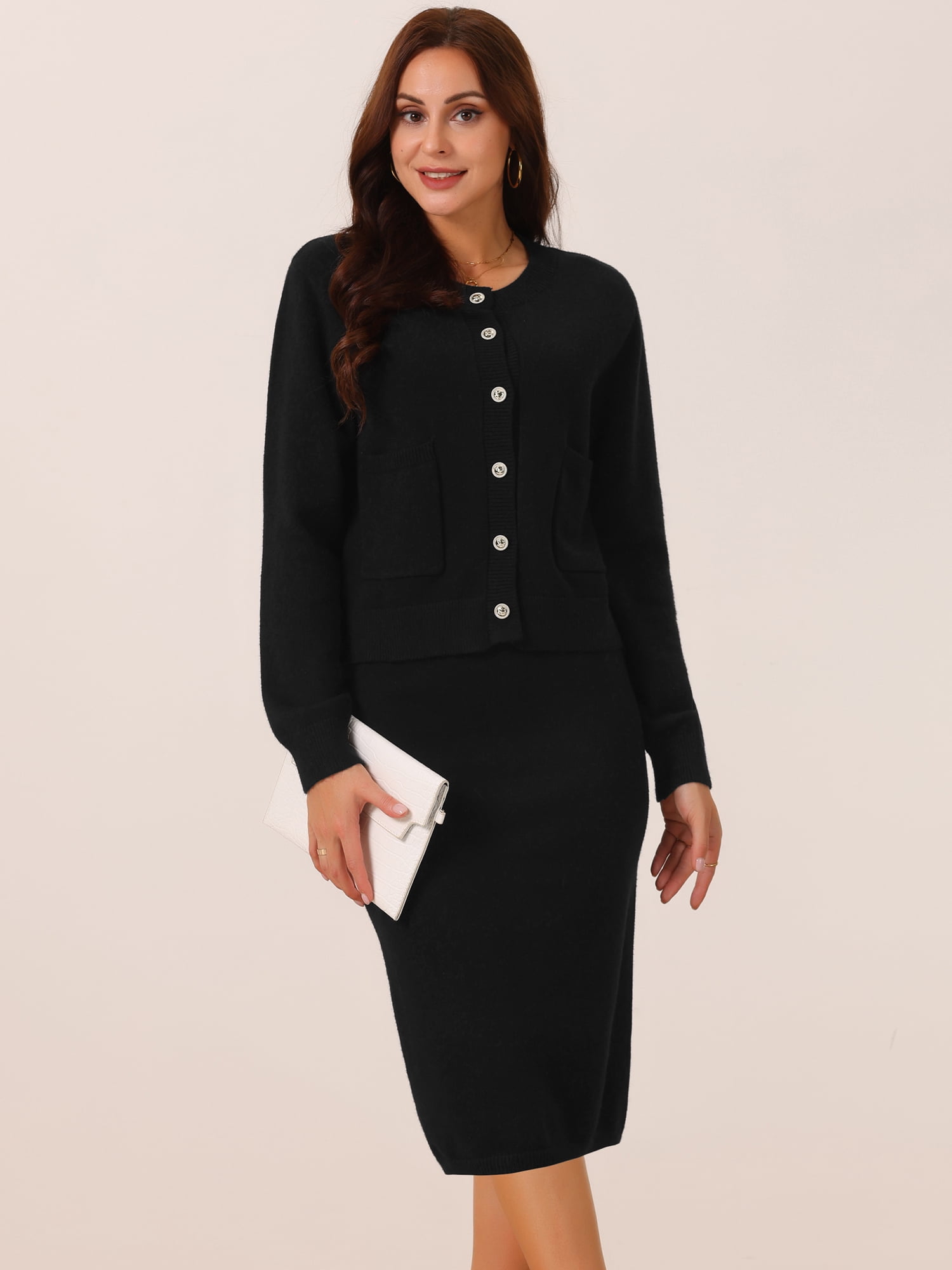 DARING DIVA Women's Winter Sweater Sets Cardigan and Midi Skirts S Black