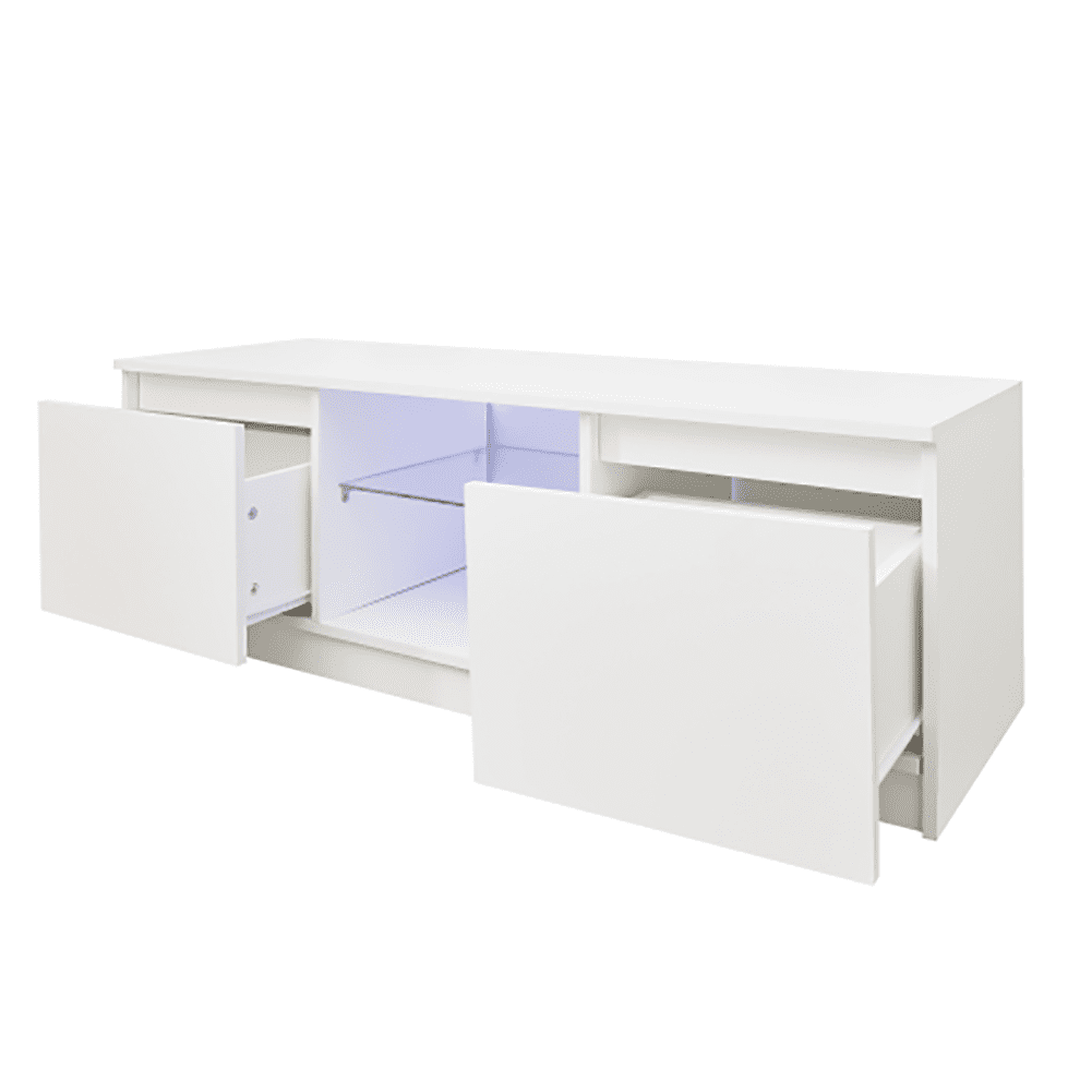 Kepooman TV Stand, TV Cabinet with Drawers and Shelves, Modern TV Stand with Led Light Suitable for Living Room and Bedroom, White Kepooman TV Stand, TV Cabinet with Drawers and Shelves, Modern TV Stand with Led Light Suitable for Living Room and Bedroom, White
