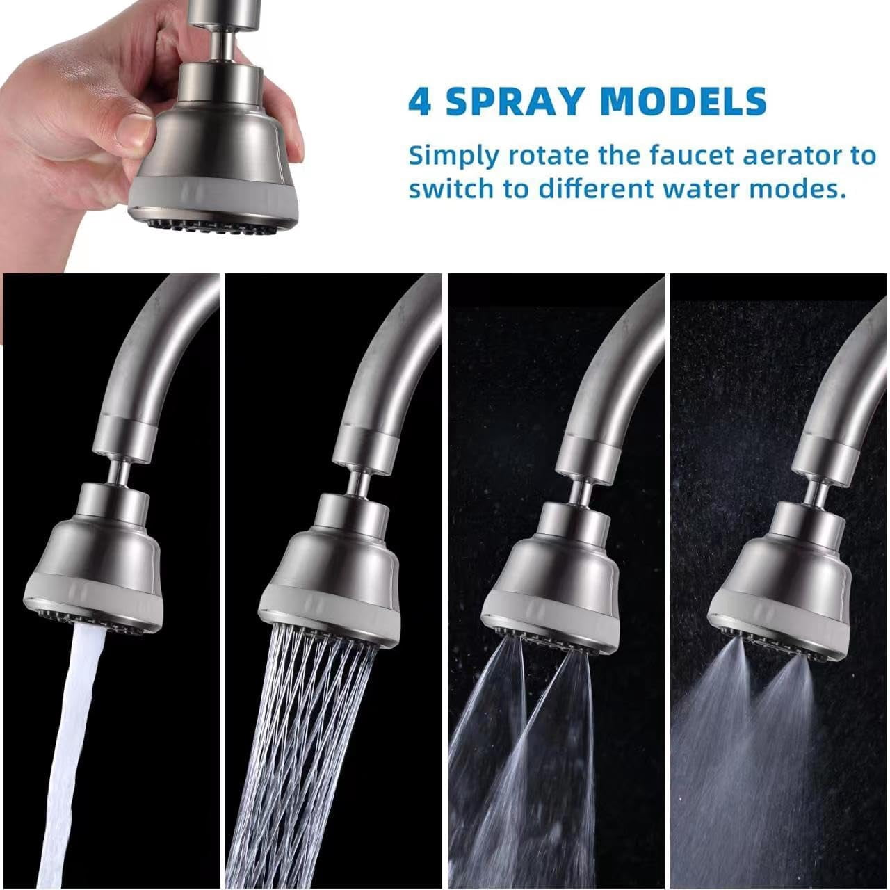 ABCISI 4 Spray Modes Faucet Aerator, 360 Degree Faucet Sprayer Attachment,Big Angle Kitchen Faucet Aerator,Swivel Faucet Extender,Sink Sprayer Attachment for faucet,55/64 inch Female Thread (Gray)