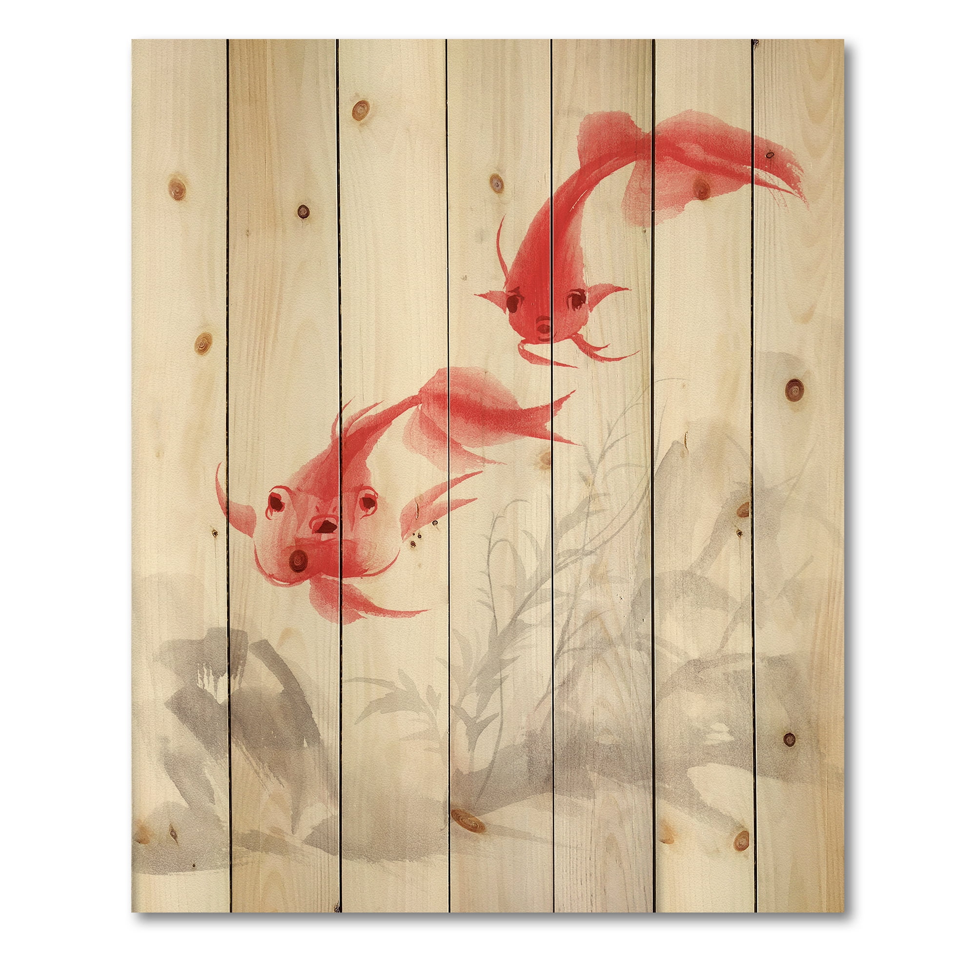 Designart 'Ancient Gold Fishes' Nautical & Coastal Print on Natural Pine Wood