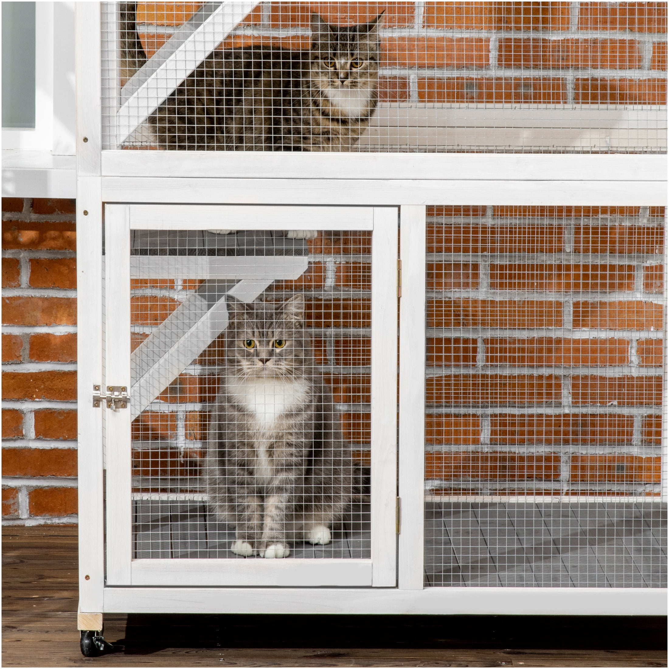 JERFIT 74 Inch Outdoor Cat House with Wheels, Weatherproof Wooden Catio Enclosure, Large Gray Cat Cage Condo for Indoor Outdoor Use