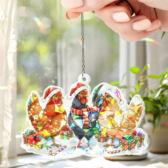 Lotusprinthandmade Christmas Chicken Custom Shape Broken Glass Hologram Ornament 3.5in, funny chicken hologram ornament, farmhouse chicken hologram hanging decor