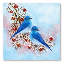 Designart ' Two Blue Birds Sitting On A Branch With Berries In Winter ' Traditional Canvas Wall Art Print