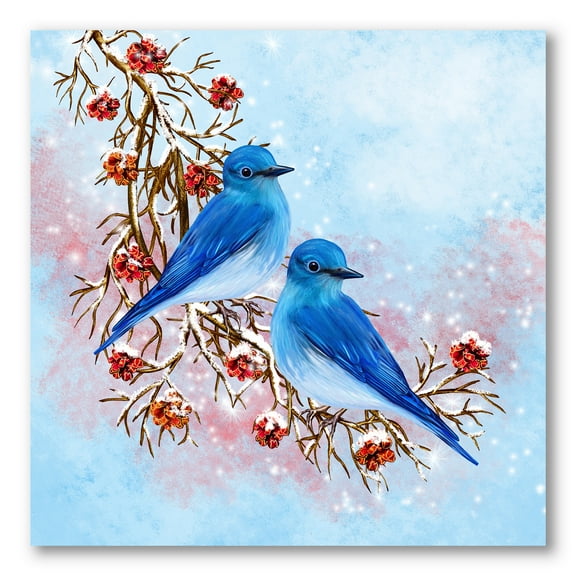 Designart ' Two Blue Birds Sitting On A Branch With Berries In Winter ' Traditional Canvas Wall Art Print