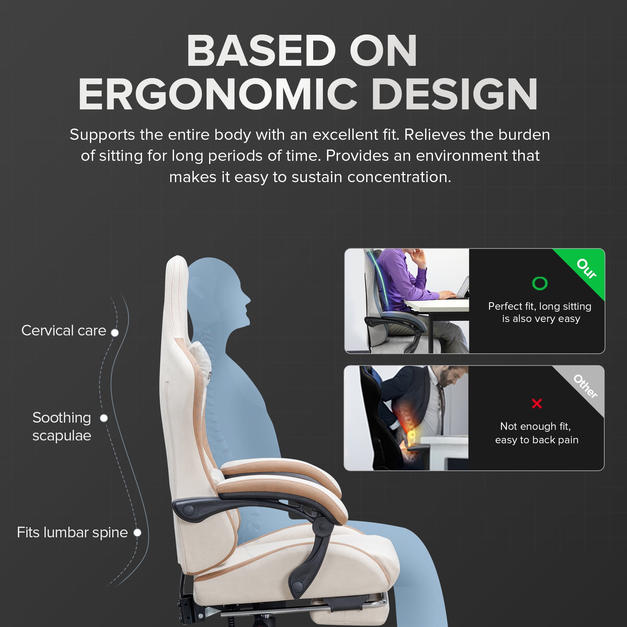 GTRACING Ergonimic Fabric Reclining Gaming Chair with Footrest and Linkage Armrests, Tan