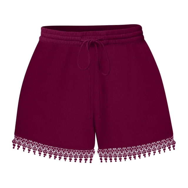 FAIWAD Women‘s Lace Trim Shorts Elastic Waist Short Pants with Pockets Drawstring Sports Solid Color Shorts
