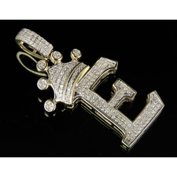 10K Yellow Gold Diamond Crown Initial E Letter Pendant 0.31 Ct 1.5"