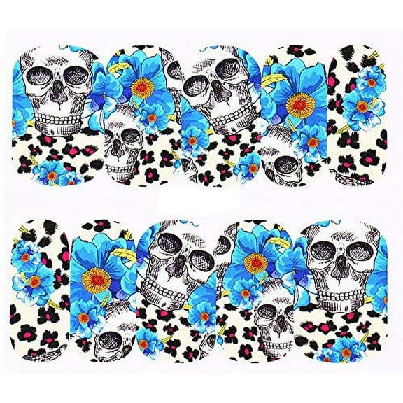 Sheet of Skull Stickers with Flowers and Leopard Cheetah Print Nail Decal Punk Gothic Rockabilly SKULL Nail Wrap Decals Sticker Salon Quality Nail Art - Great for Halloween!