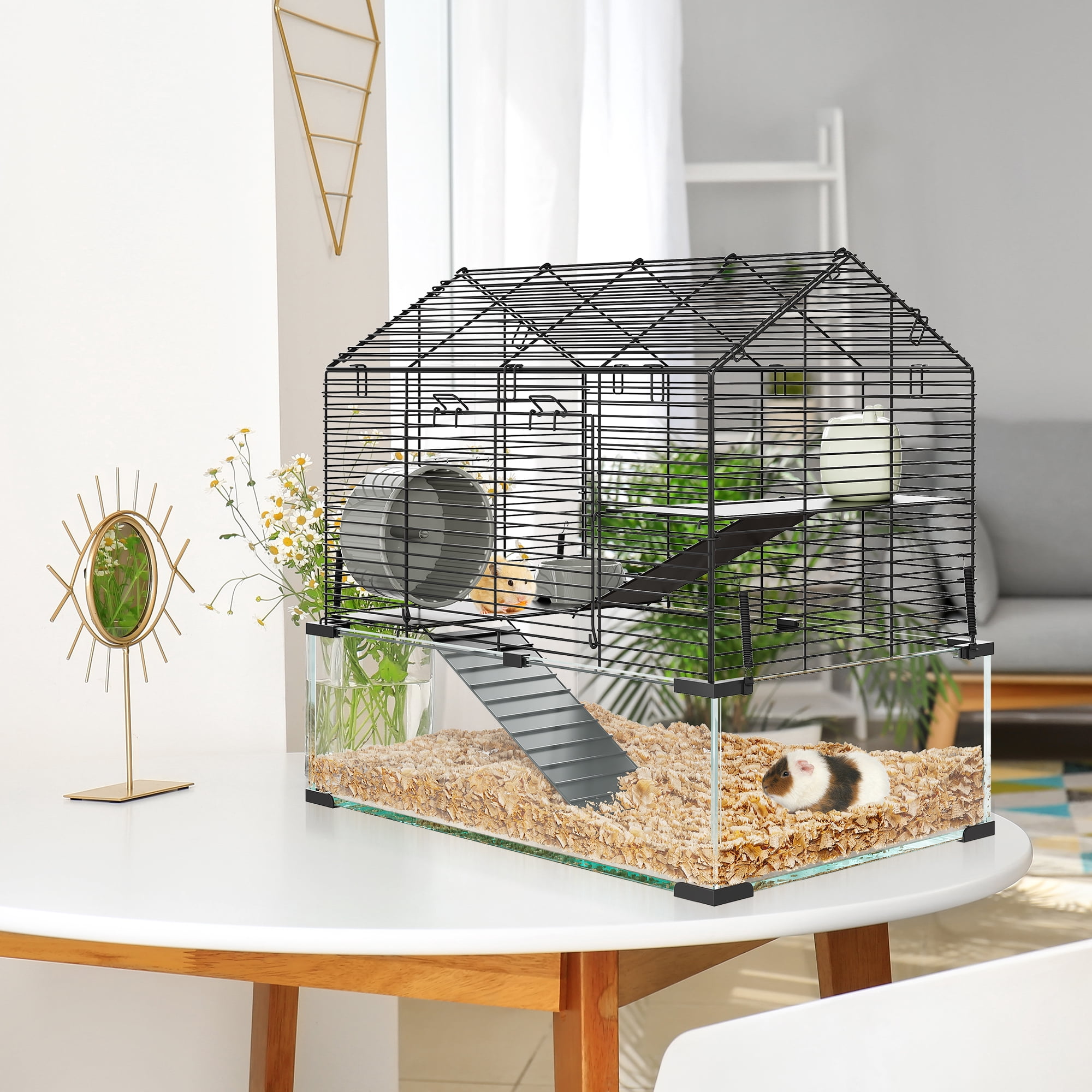 Gaderth 3 Tiers Hamster Cage with Deep Tempered Glass Bottom, Large Hamster Tank with Running Wheel, Hut, Dish ＆ Water Bottle, Rat Cage for Dwarf, Syrian, Gerbils, Mouse