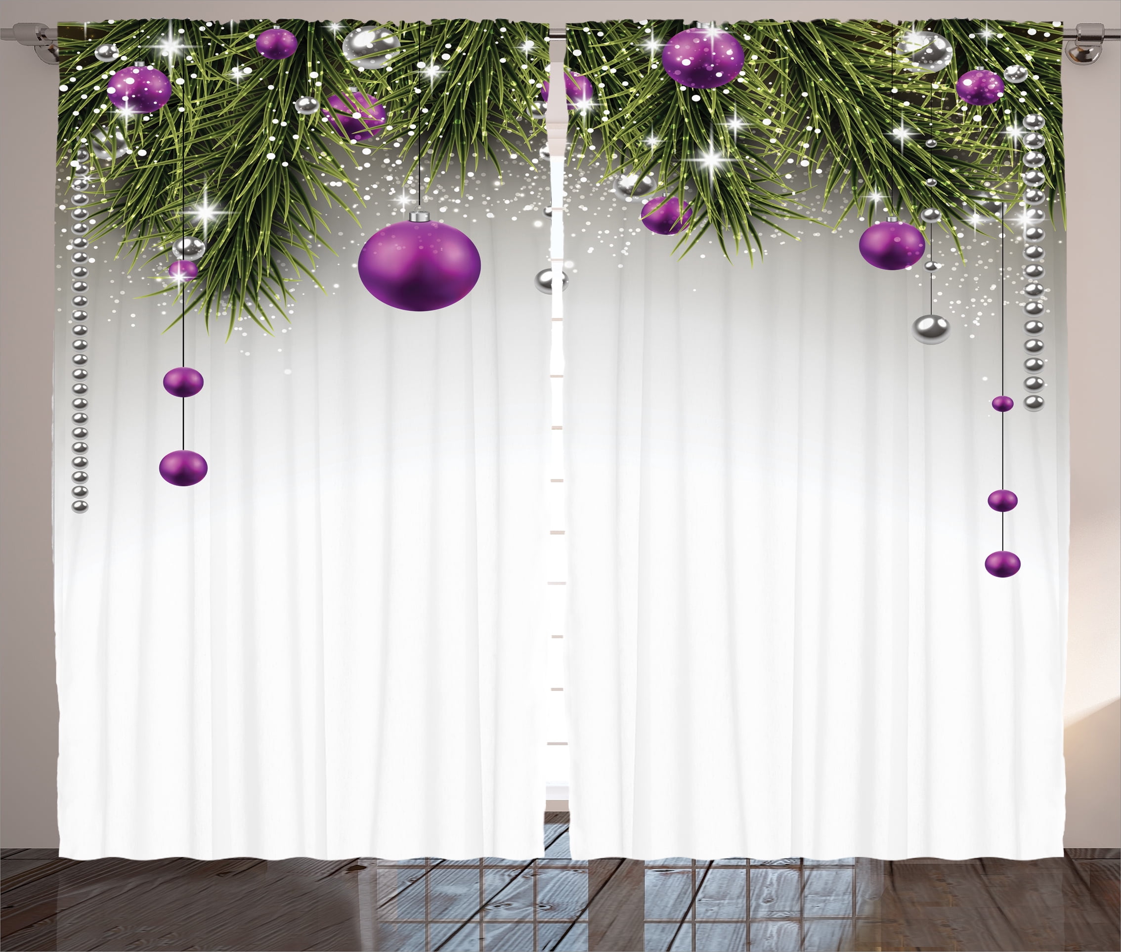 Christmas Tree And Fireplace Kitchen Curtains 2 Panel Set Decor Window Drapes Curtains