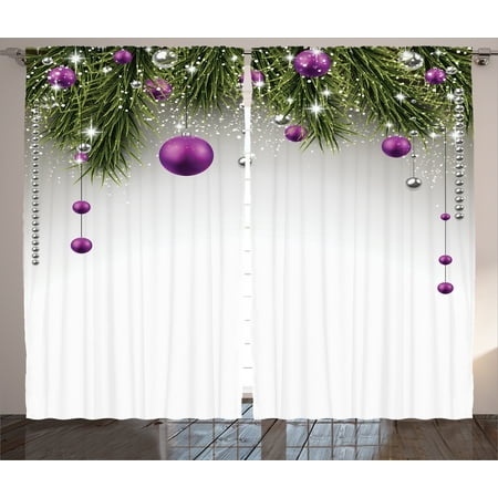 Christmas Decorations  Curtains 2 Panels Set, Christmas Tree Decorations Tinsel and Balls with Gift Wrap Ribbon Picture, Living Room Bedroom, Purple Grey Green, by