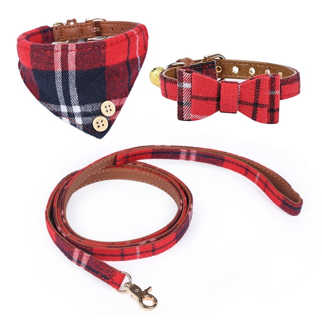 Juego de collar y correa para perro con pajarita, capucha para perro ajustable a cuadros clásicos de 3 piezas y asa para correa para el cuello