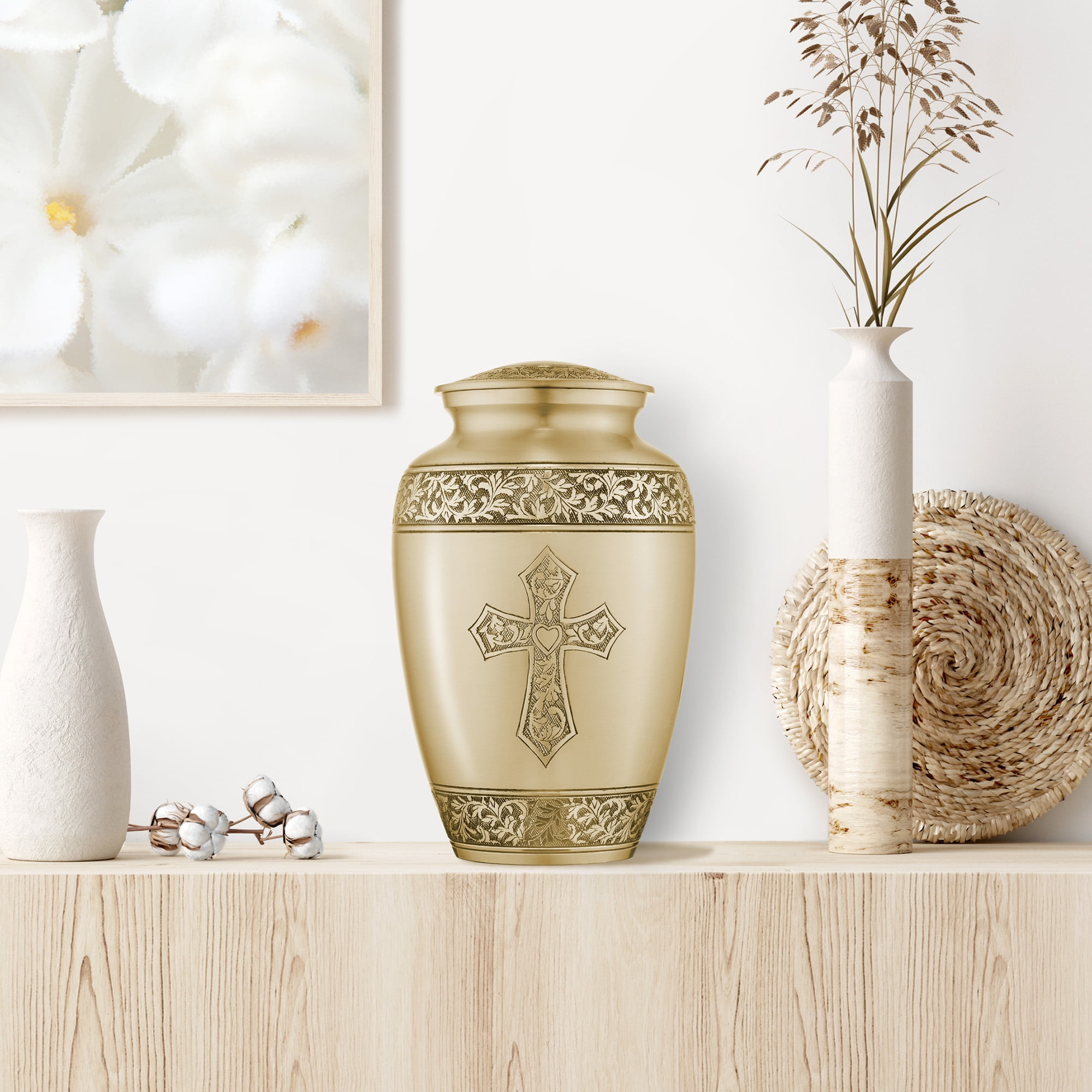 Reminded Adult Cremation Memorial Urn for Human Ashes, Gold with Black Stripe Brass Funeral Urn with Velvet Bag