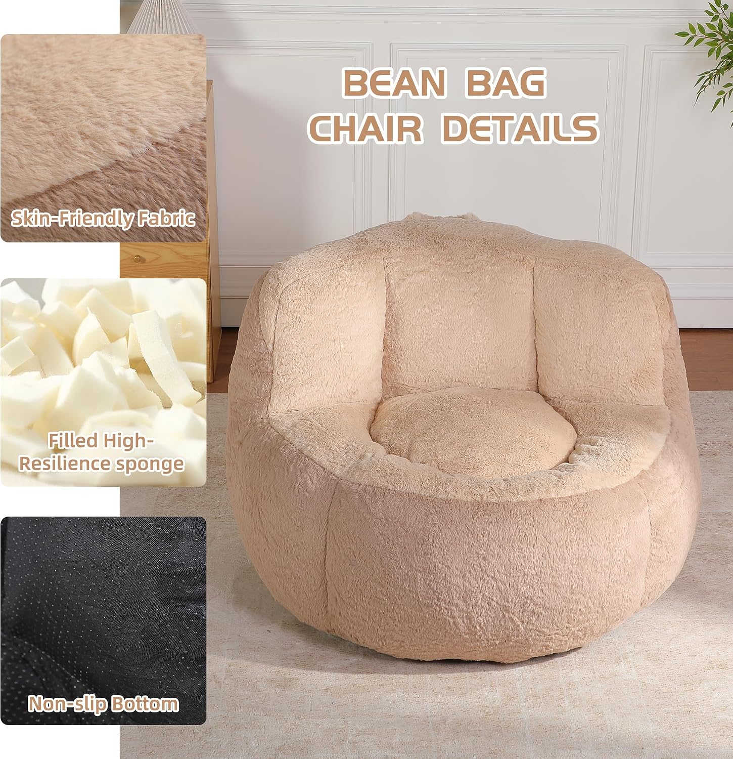 Large Plush Bean Bag Chair, High‑Density Memory Foam Bean Bag Sofa with Non‑Slip Bottom for Adults Kids Teens