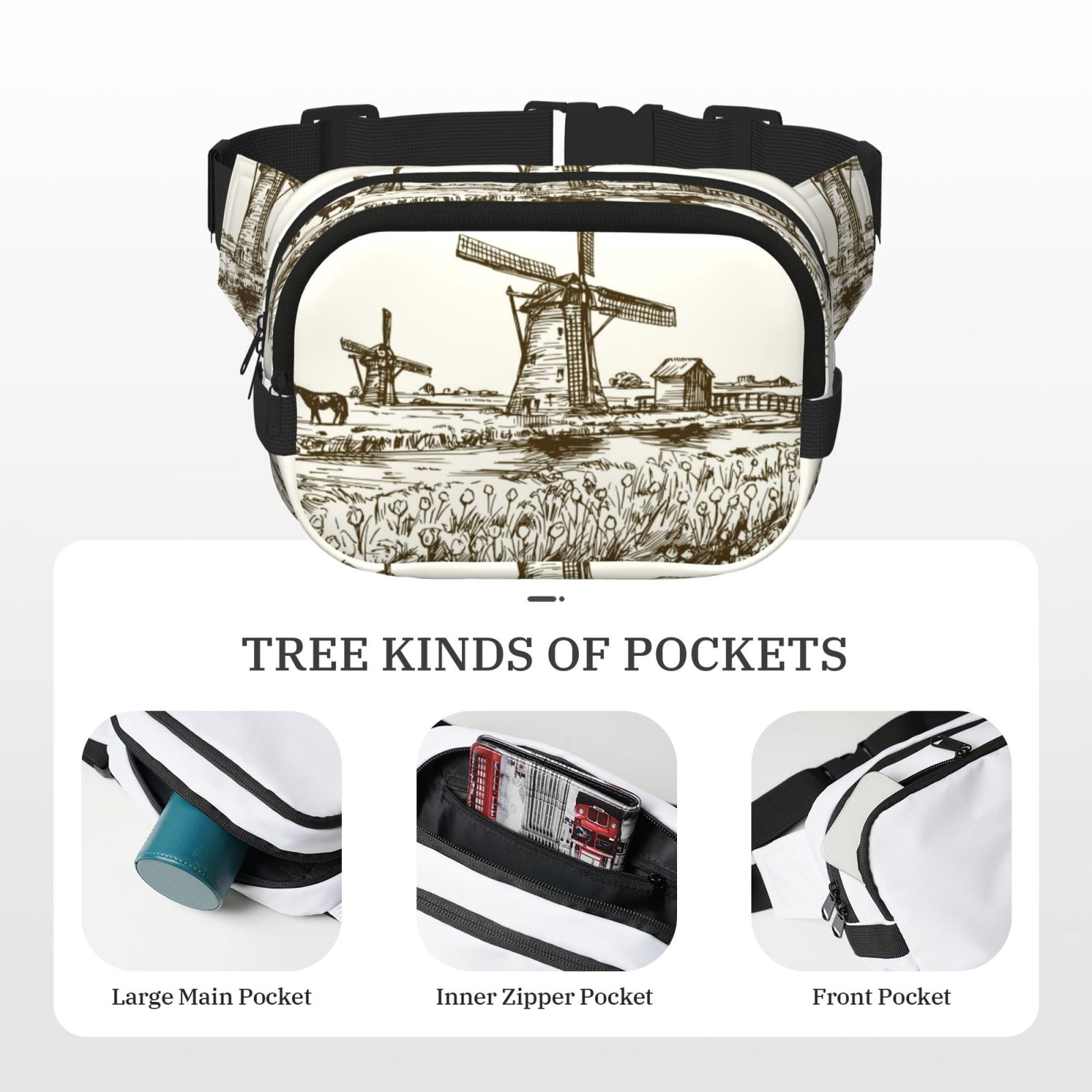 Hirioo Dutch Windmill for Double Layer Waist Bag Adjustable Fanny Pack For Travel Running Hiking
