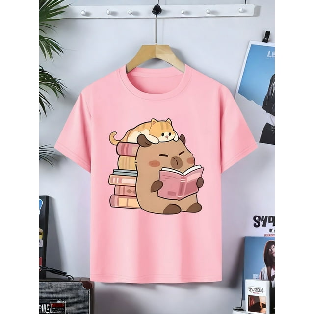 T-Shirt Graphique en Coton Chat & Capybara pour Filles - Col Rond Doux et Confortable avec Imprimé Animal Ludique, Parfait pour l'Été, Tee-Shirt Sportif Décontracté, Cadeaux d'Été