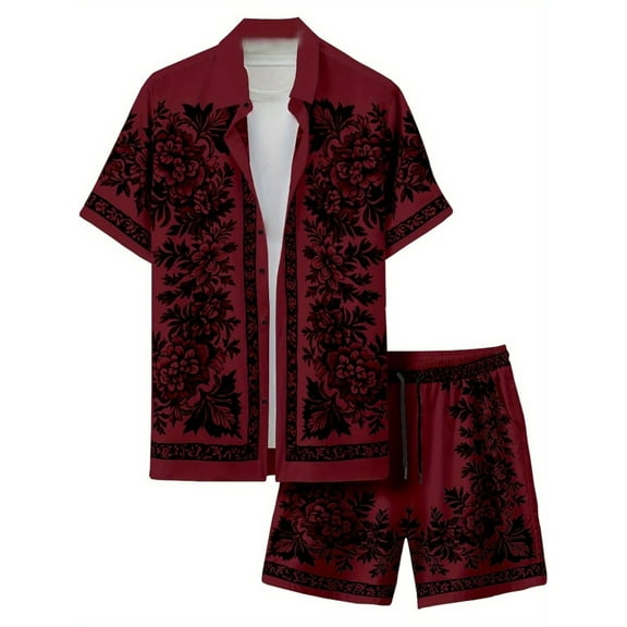 Men's 2 Piece Outfits Short Sleeve Button Up Vintage Shirts and Elastic Waist Shorts Retro Floral Print Shirt and Shorts Set