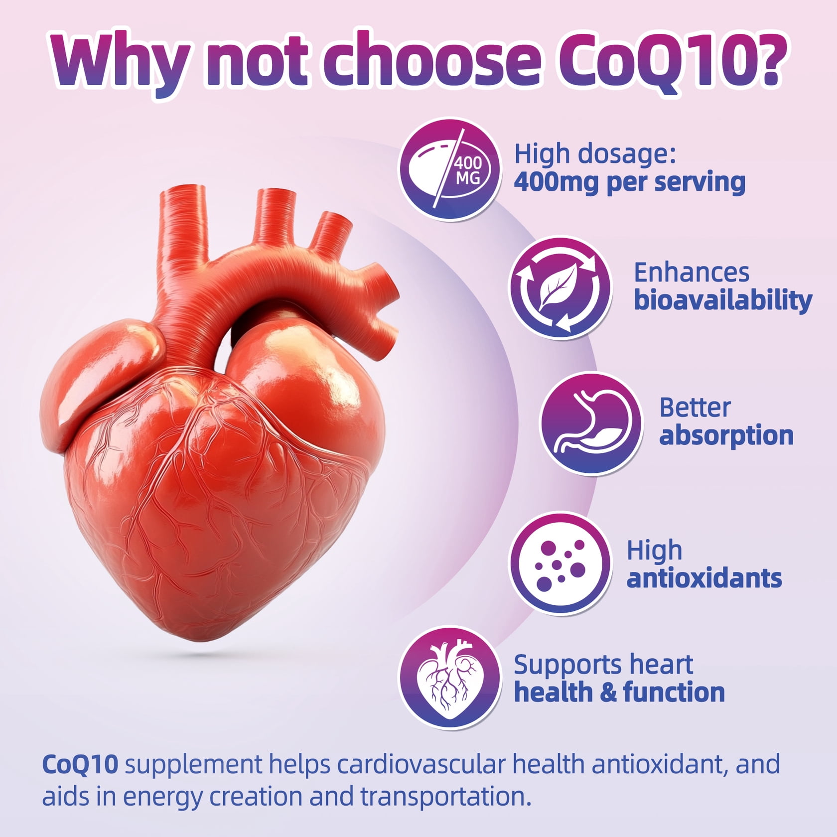 2 Pack CoQ10 400mg Supplements, Supports Cardiovascular Health & Antioxidant，180 Softgels，Made in USA