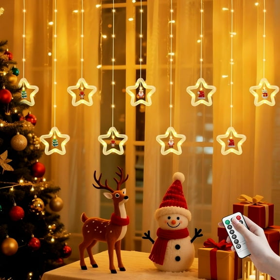 Christmas Star Curtain Lights, 120 LED 9.84 Feet Long Decorations With Flashing Bubble , Extendable for Indoor, Outdoor (Warm White)