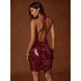 thumbnail image 2 of Women Burgundy Sequin Mini Dress Deep V-Neck Halter Neck Backless Party, 2 of 6