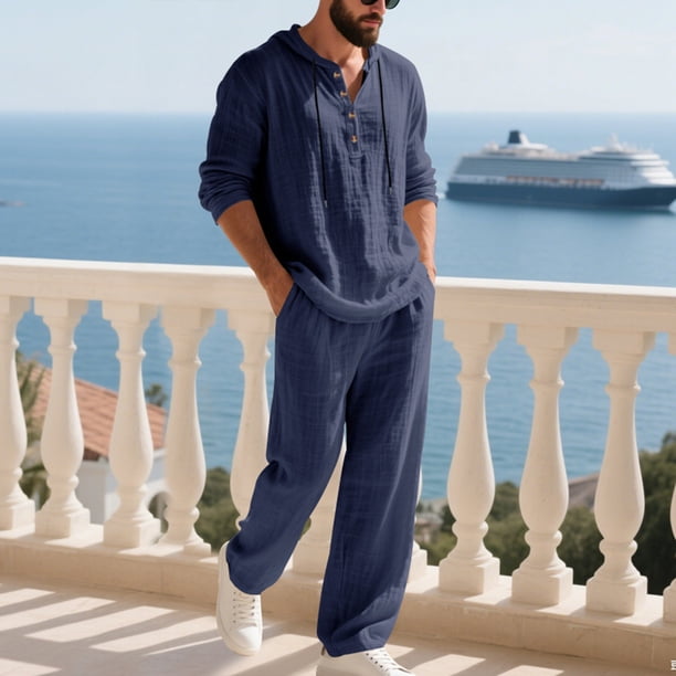 Ceisia Men's Loose Fit Cotton-Linen 2-Piece Set Hooded Henley Long Sleeve Shirt with Elastic Waist Wide Leg Pants Gifts