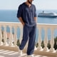 thumbnail image 1 of Ceisia Men's Loose Fit Cotton-Linen 2-Piece Set Hooded Henley Long Sleeve Shirt with Elastic Waist Wide Leg Pants Gifts, 1 of 9