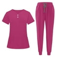 thumbnail image 3 of Ecqkame Scrub for Women Sets Solid V-Neck Short Sleeve Tops and Long Pants Nurse's Workwear Lightweight Side Slit Suits with Pockets Hot Pink XXL, 3 of 9