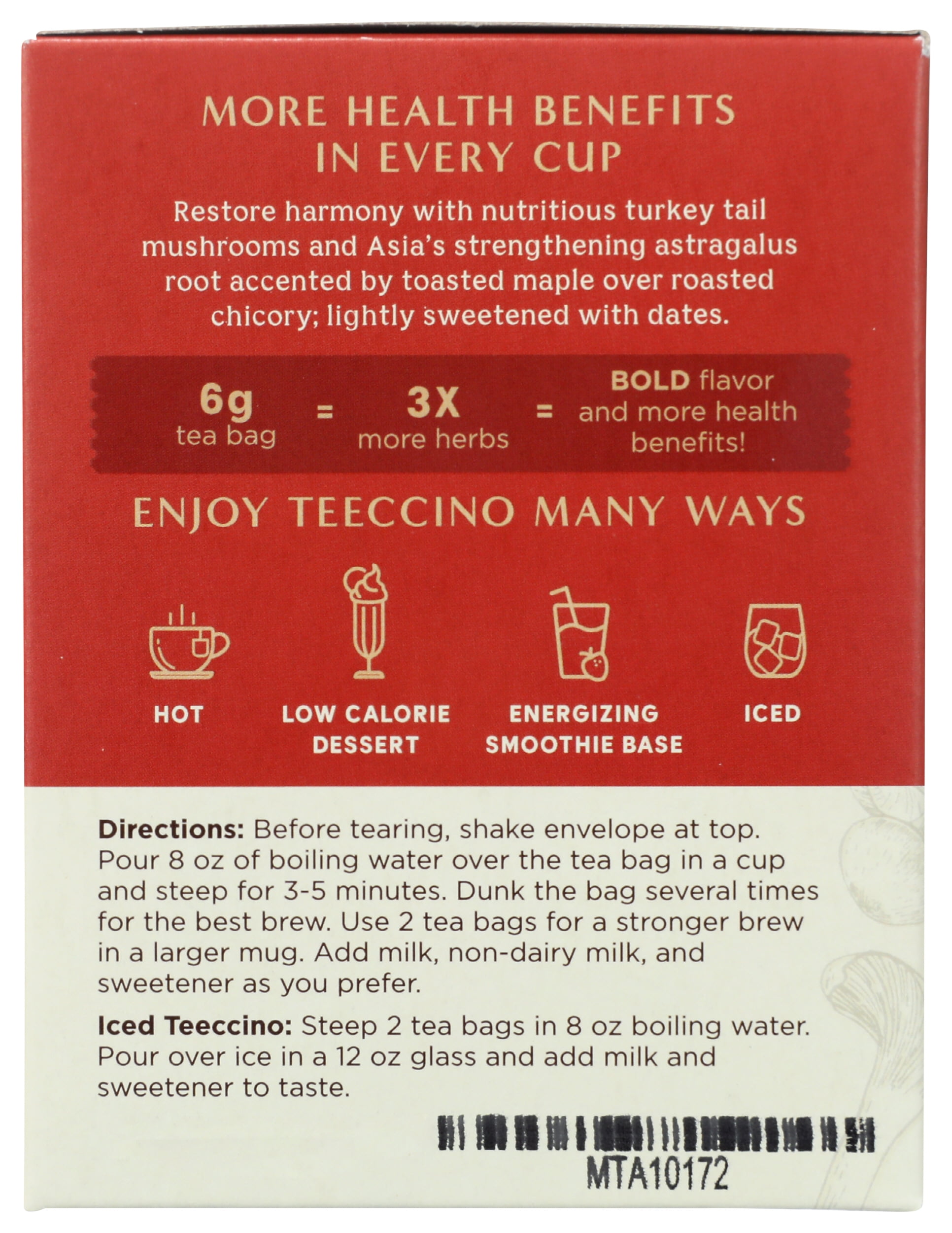 (Pack of 6), Teeccino Turkey Tail Astragalus Toasted Maple Mushroom Herbal Tea, 10 ct