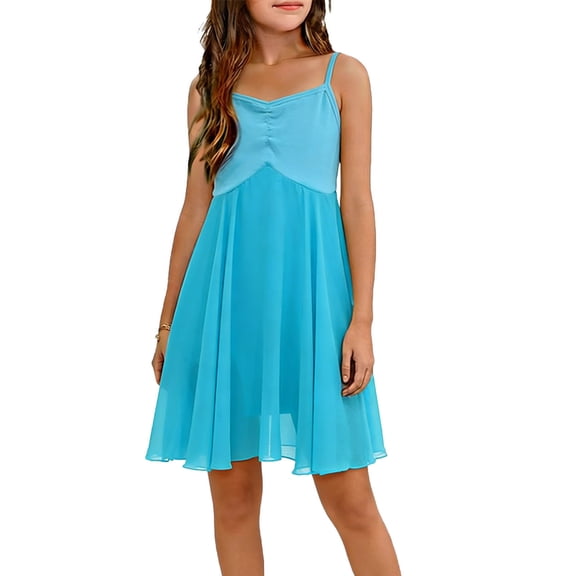 Fesfesfes Girls Sleeveless Solid Color Round Neck Chiffon Dress for Dance Performance Practice Comfortable Lightweight Summer Outfit 3-15 Years(Sky Blue,5-6 Years)
