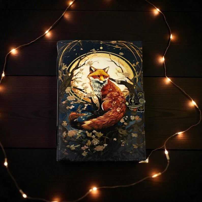 Handmade Leather Journal with Fox Artwork – 5x7 Inch Vintage Notebook, 200 Pages, Rustic Handmade Paper, Locking Strap – Writing, Sketching & Gift Journal