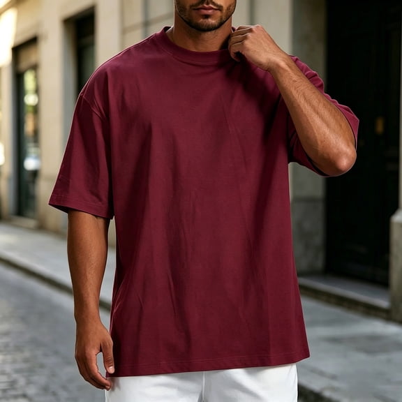 Oversized T-shirts for Men Short Sleeve Heavyweight Basic Tee Tops Crewneck Red XXXL