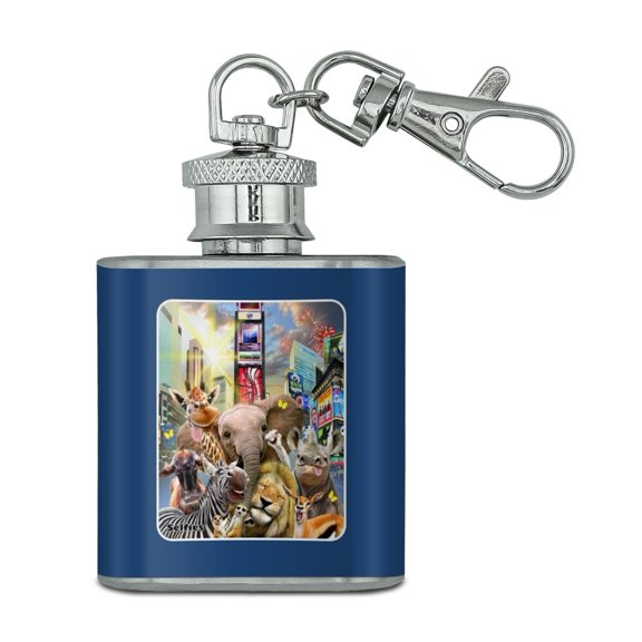 Times Square New York Selfie Elephant Giraffe Lion Zebra Stainless Steel 1oz Mini Flask Key Chain