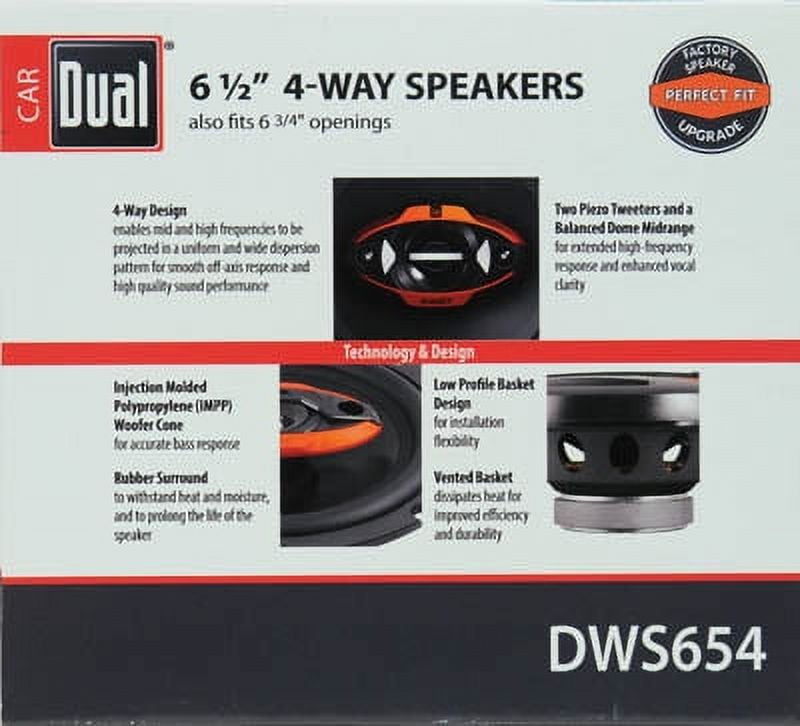 Dual DWS654 65" 4-Way Car Speakers, 125W Peak Power, Black Orange Accents, 2 Counts