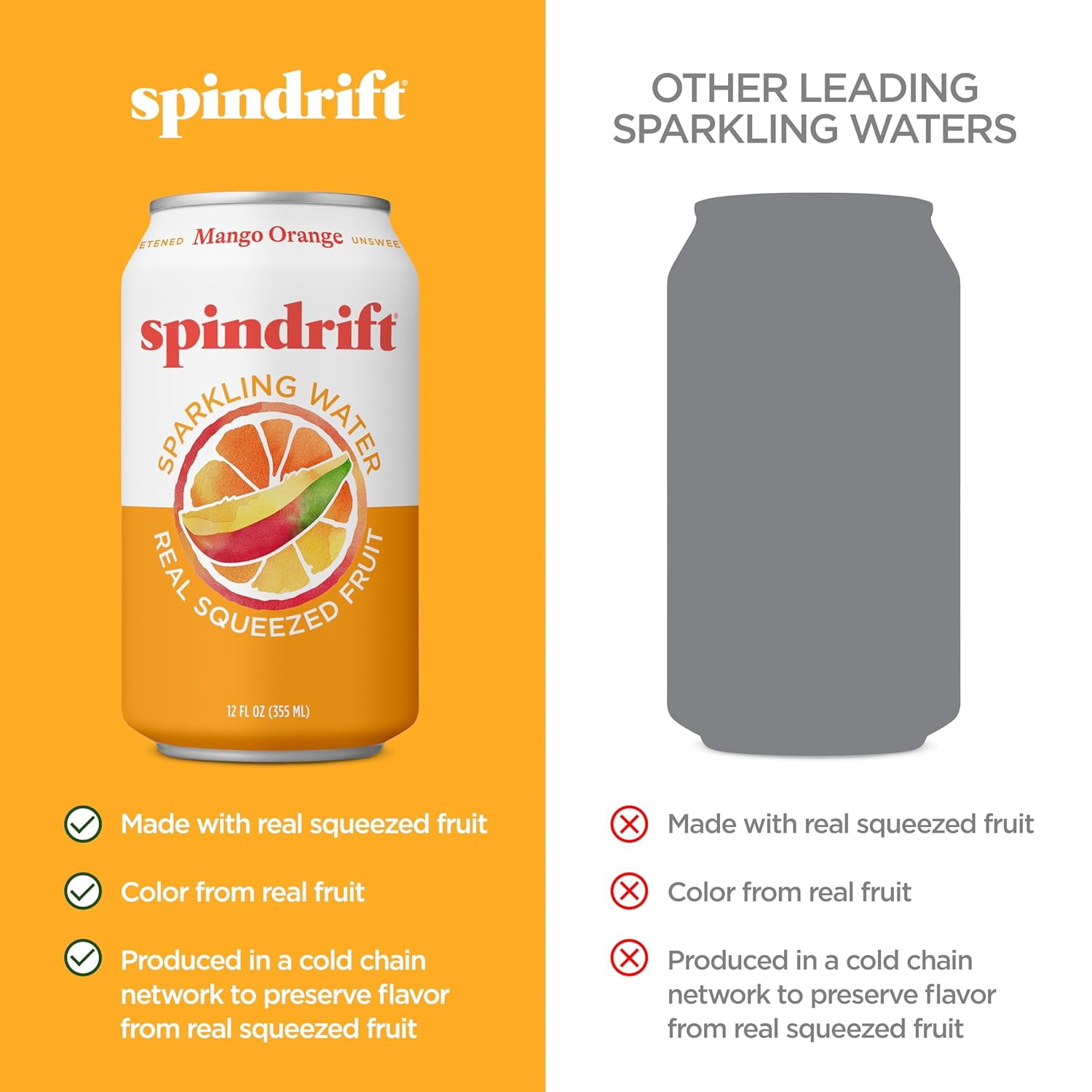 Spindrift Sparkling Water, Mango Orange, Made with Real Squeezed Fruit, 12 fl oz, 8 Count, No Sugar Added, 12 Calories per Can