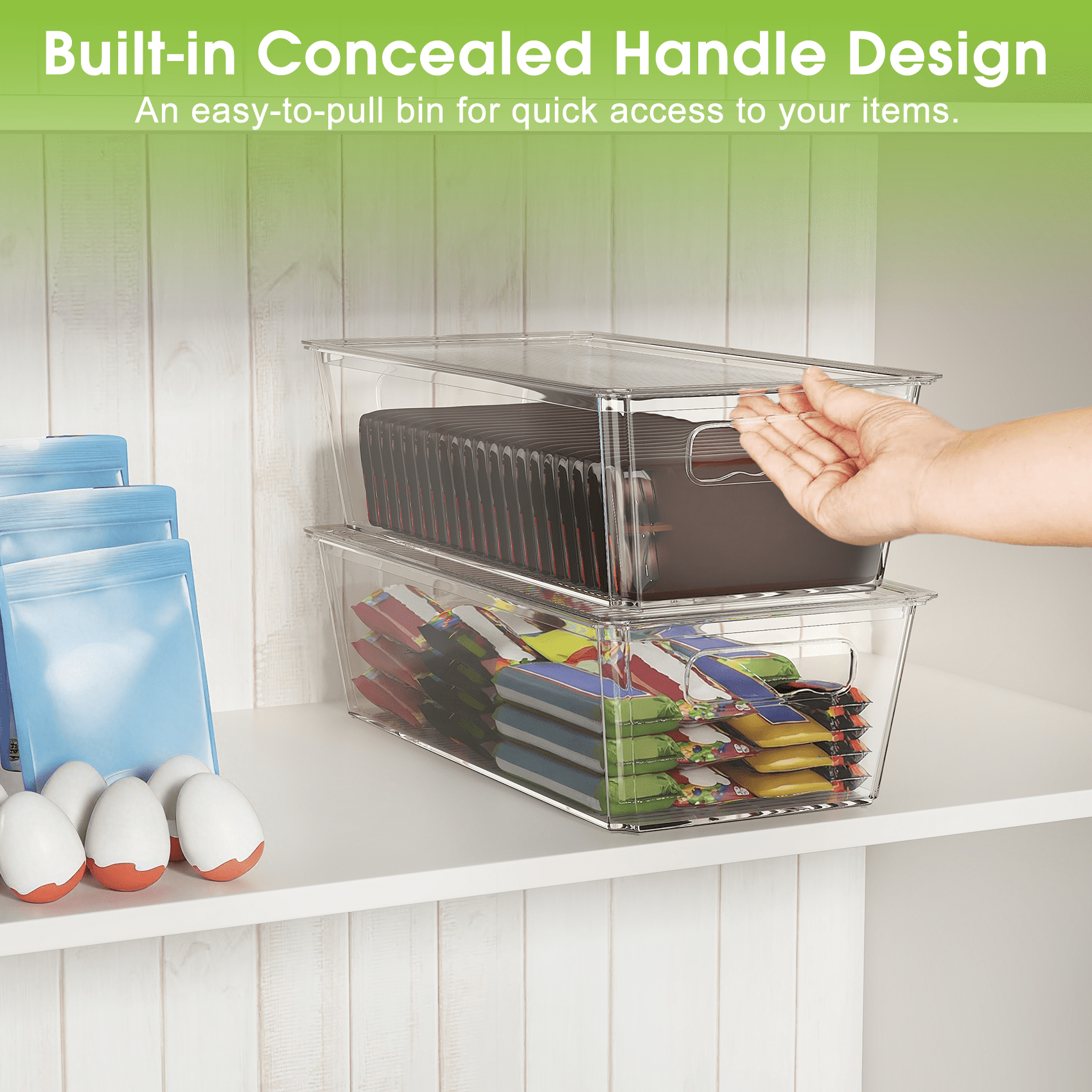 6 Pack Large Clear Plastic Storage Bins with Handles, Stackable Multi-Purpose Organizer for Pantry, Kitchen, Refrigerator and Closet Organization