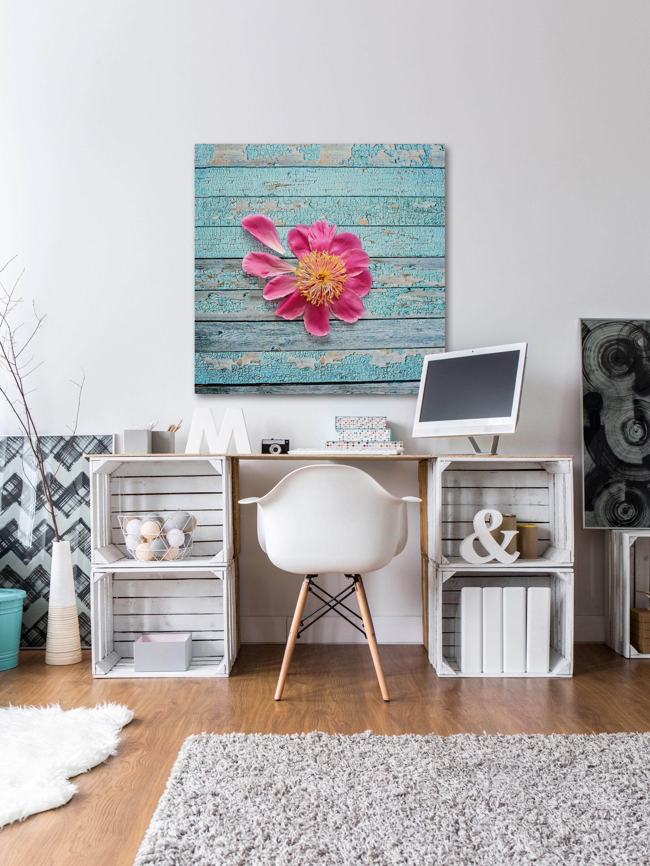 "Peony on Aqua" Painting Print on Wrapped Canvas